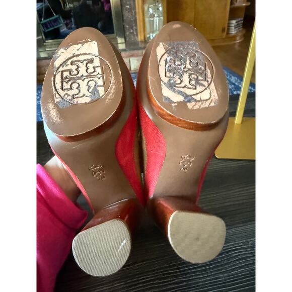 Vintage TORY BURCH JOELLE PLATFORM LINEN PUMP HEEL STRIPED RED/TAN SHOES Sz. 7 - Picture 5 of 9